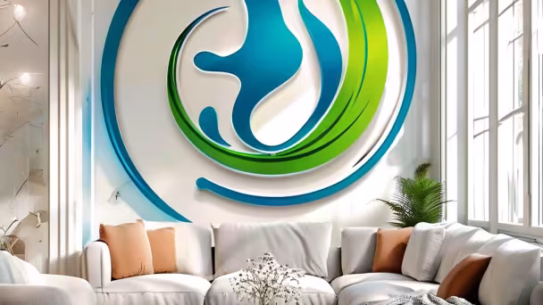 Modernes Wohnzimmer mit wei&szlig;en Sofas, Kissen und gro&szlig;em abstraktem Wandlogo